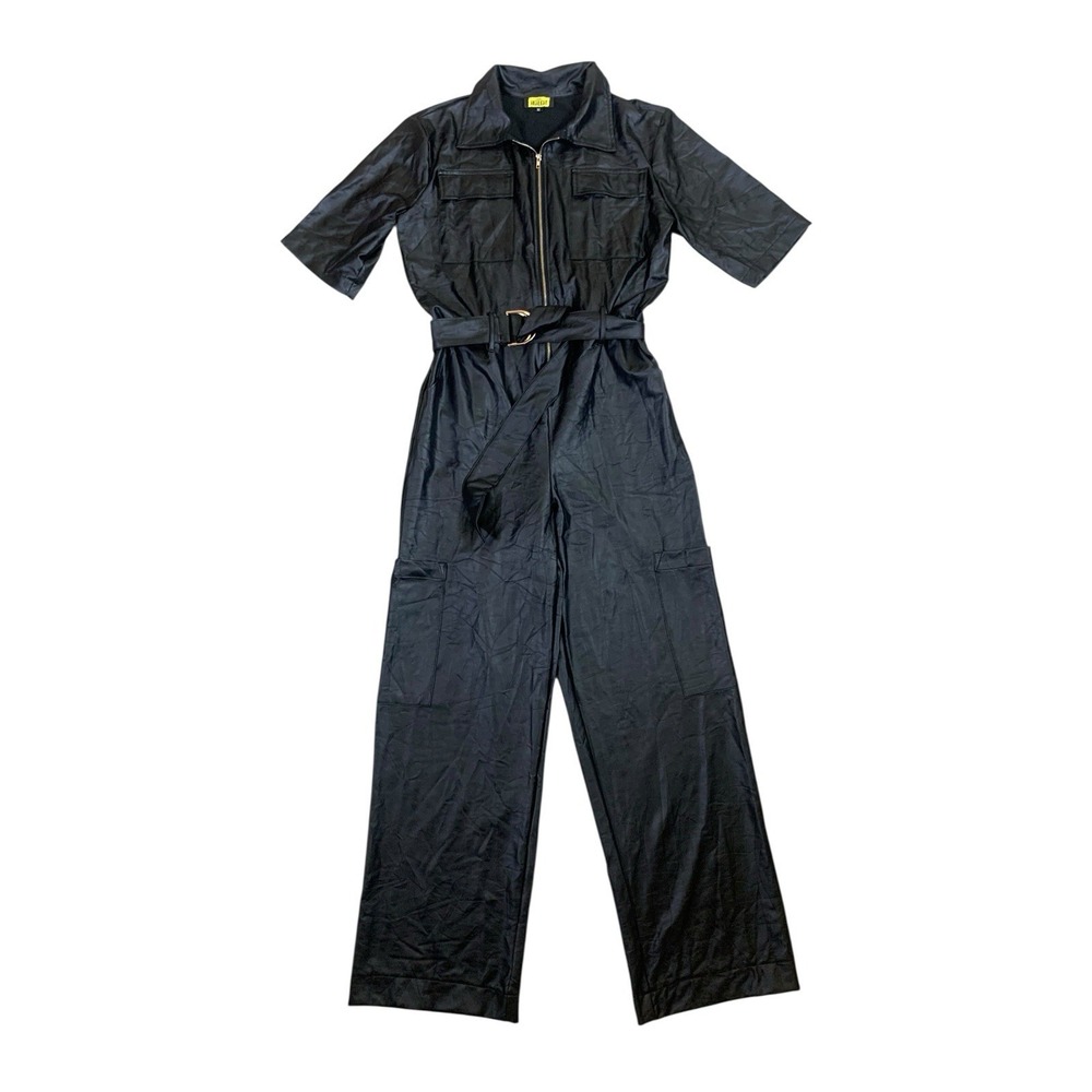 Love Highlight Black Faux Leather Jumpsuit Belted Zip Utility M